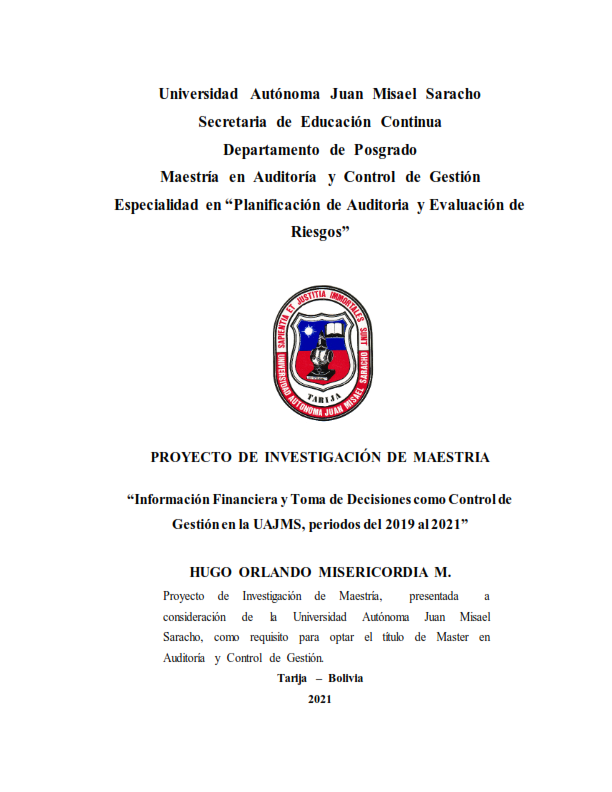 “Información Financiera y Toma de Decisiones como Control de Gestión en la UAJMS, periodos del 2019 al 2021”