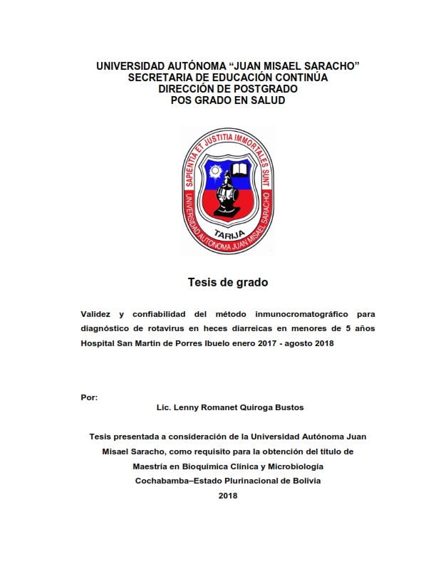 Validez y confiabilidad del método inmunocromatográfico para diagnóstico de rotavirus en heces diarreicas en menores de 5 años Hospital San Martin de Porres Ibuelo enero 2017 - agosto 2018