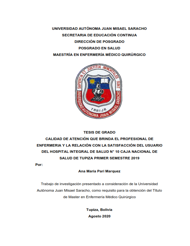 Trabajo de investigación presentado a consideración de la Universidad Autónoma Juan Misael Saracho, como requisito para la obtención del Título de Master en Enfermería Médico Quirúrgico